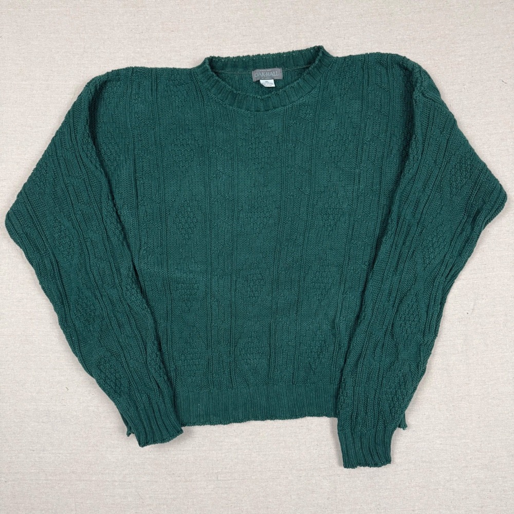Oak Hall Memphis Mens XL Green Cotton Cable Knit Sweater Made in USA Crew Neck